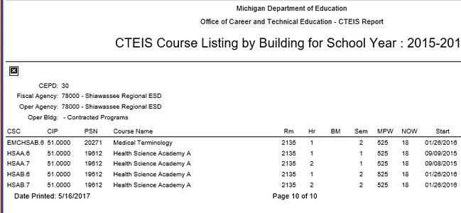 List of Courses for Buildings Report