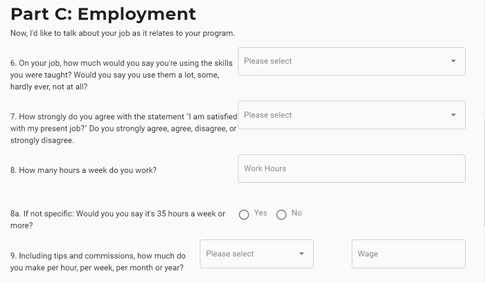 Image of Sample Questions in Section C regarding Employment